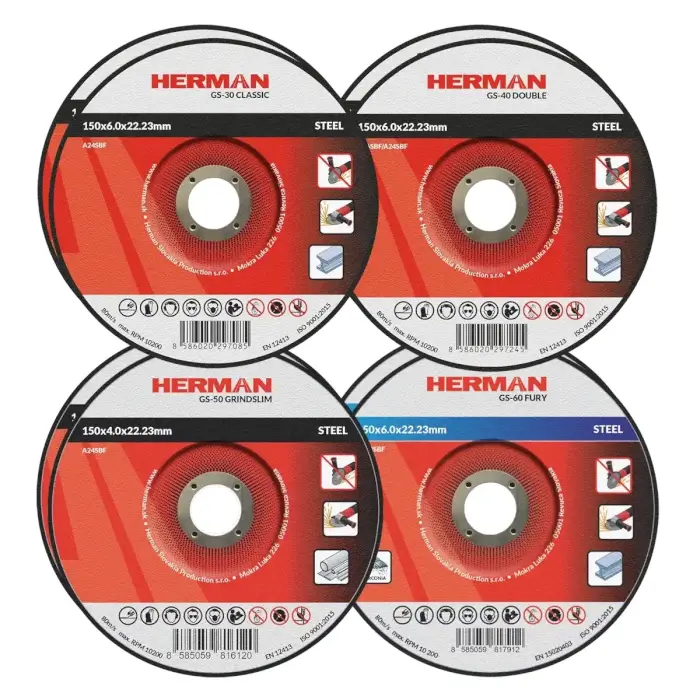 Schleifscheiben Satz HERMAN QGS-10 | Für Stahl 150mm | 2x GS-30 Classic, GS-40 Double, GS-50 GrindSlim, GS-60 Fury | 8Stück