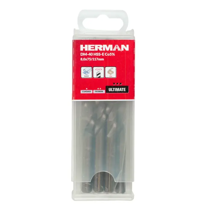 Metallbohrer DIN 338 HERMAN DM-40 HSS-E Co5% Mit quer geschnittener Spitze