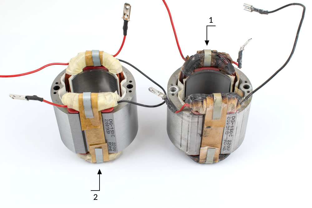 Beschädigter (verbrannter) Stator (1) und neuer Stator (2)